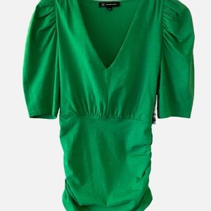 INC International Concepts women’s kelly green v-neck top, gathered 3/4 sleeve